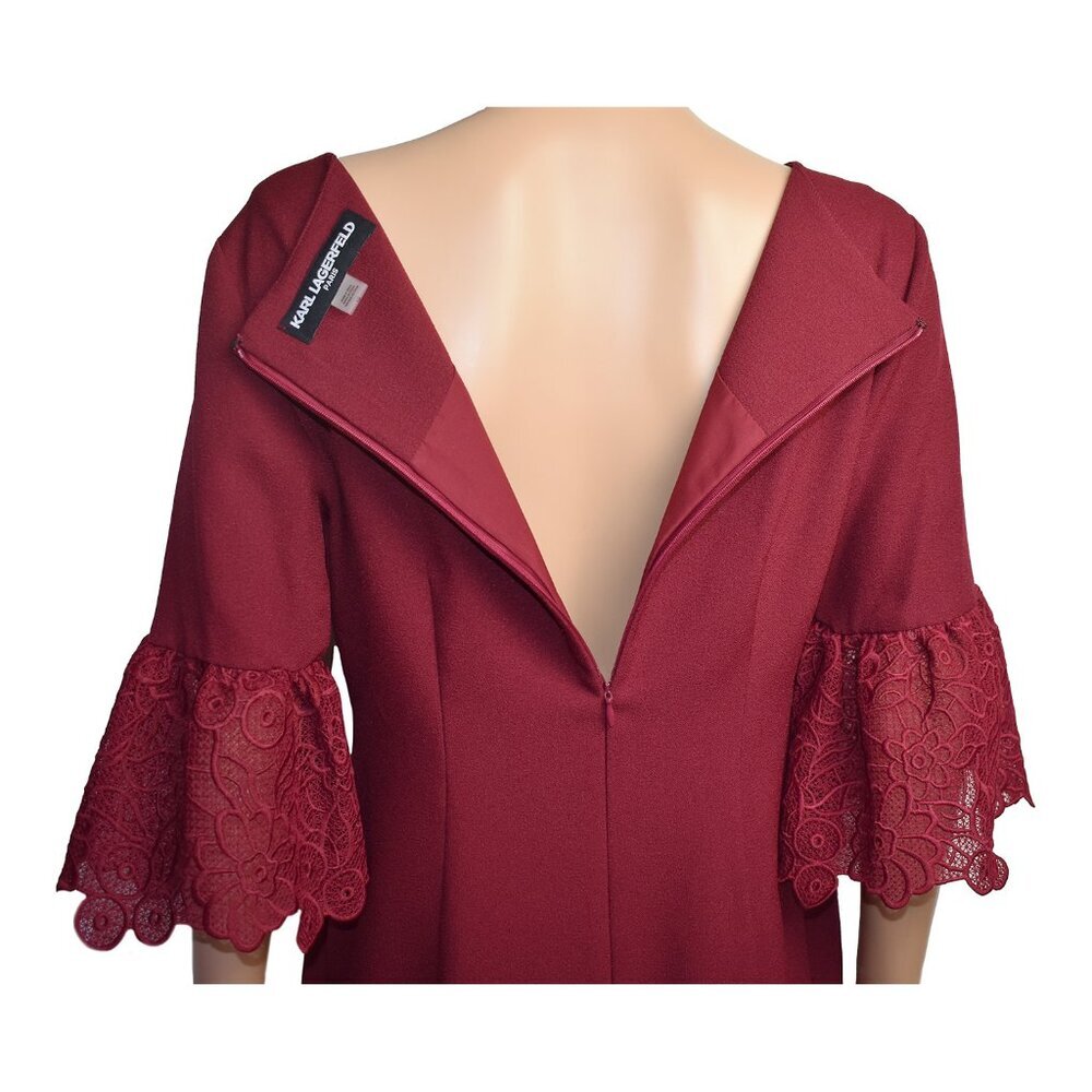 Karl Lagerfeld Paris Dress Bordeaux Bell Shape Lace Sleeves Size 10 - Picture 5 of 6